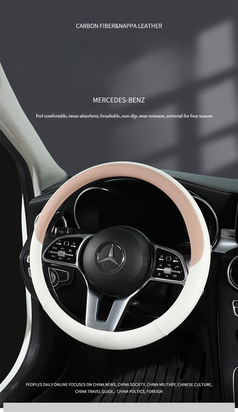 Perforated Nappa Leather Car Steering Wheel Cover Warm in Winter and Cool in Summer, Universal 15 Inch, Anti-Slip, Odorless