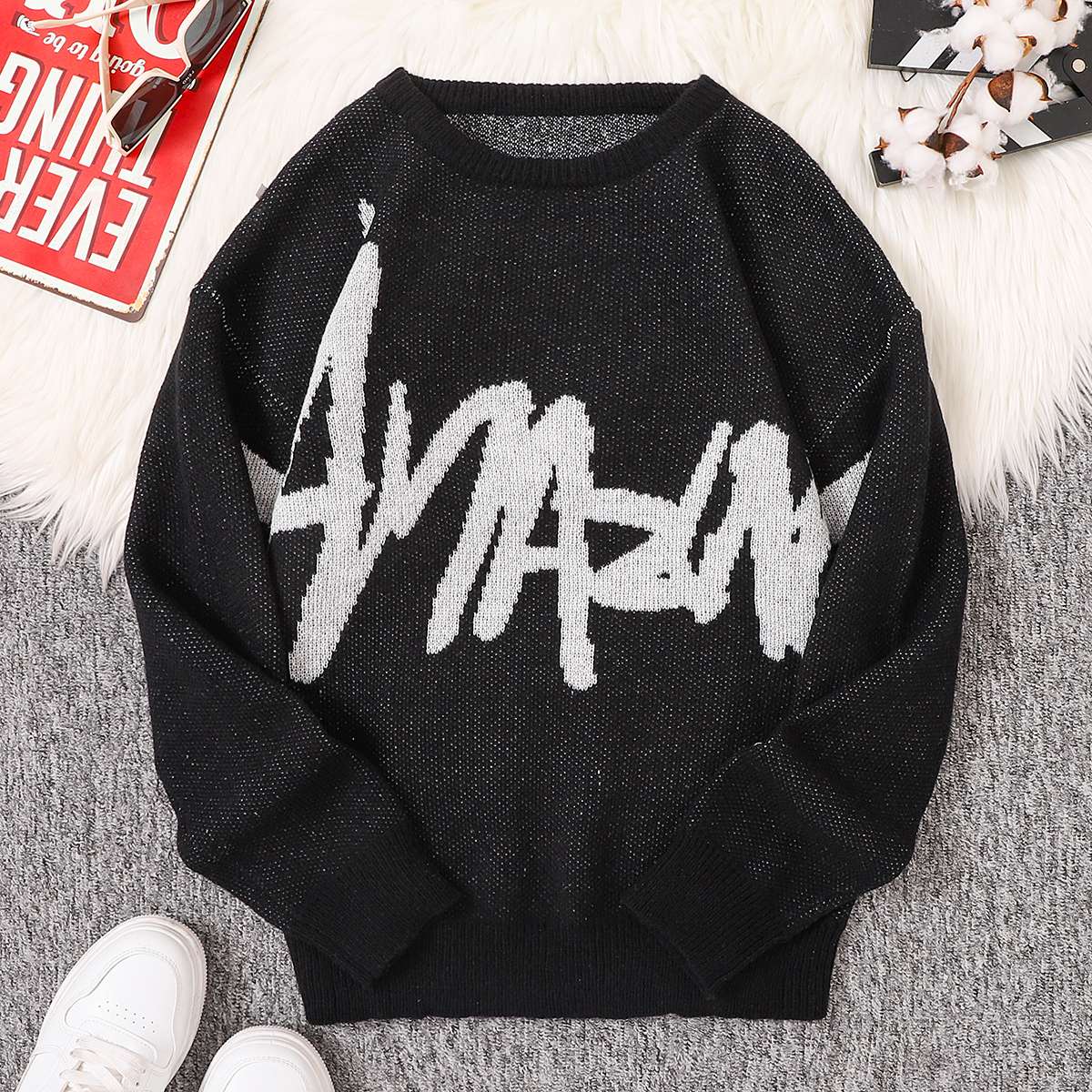 New Popular Spring Autumn Graffiti Jacquard Pattern Pullover Sweater Casual Round Neck Contrast Color Knitted Men's Pullover