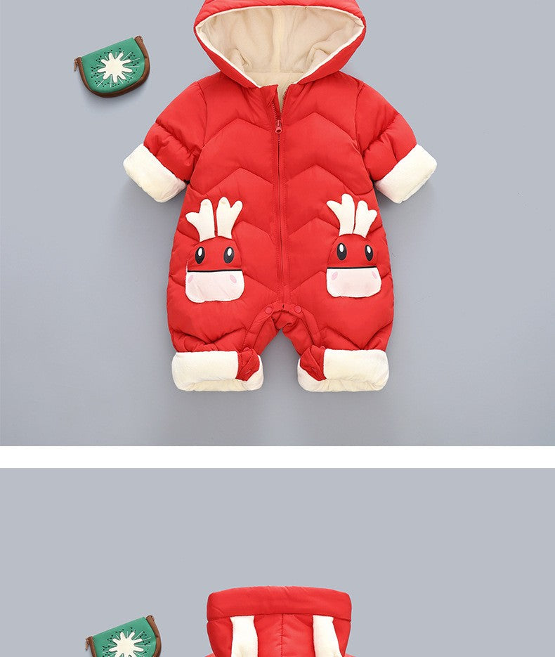 Demin-season Winter Kids Boys Rompers 2025 Cartoon Pockets Hooded Bodysuit For 0-3Y Newborn Infant Babys Boys One-piece Jumpsuit