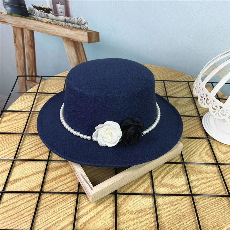 Women's Floral Chain Fedora High Fashion with Pearl Pins Bump Cap Black White Autumen Winter Ladies Fedoras Wide Brim Girl Hat