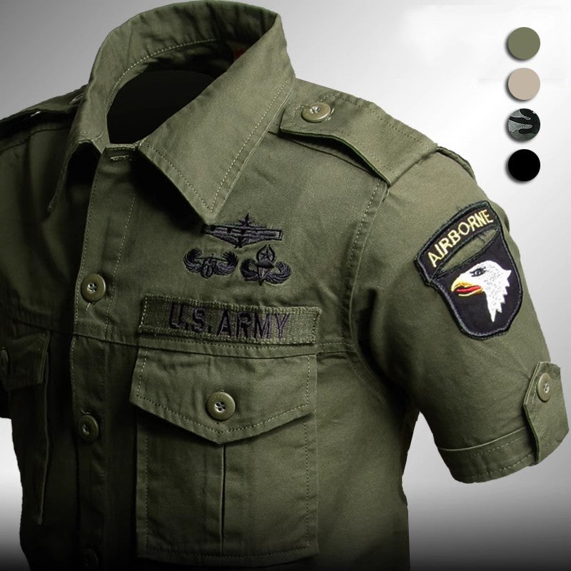 Short Sleeved Shirts Men Tactical T-shirt Spring Summer Workwear Cotton Vintage Shirt Army Embroidery Pocket Cargo Tees
