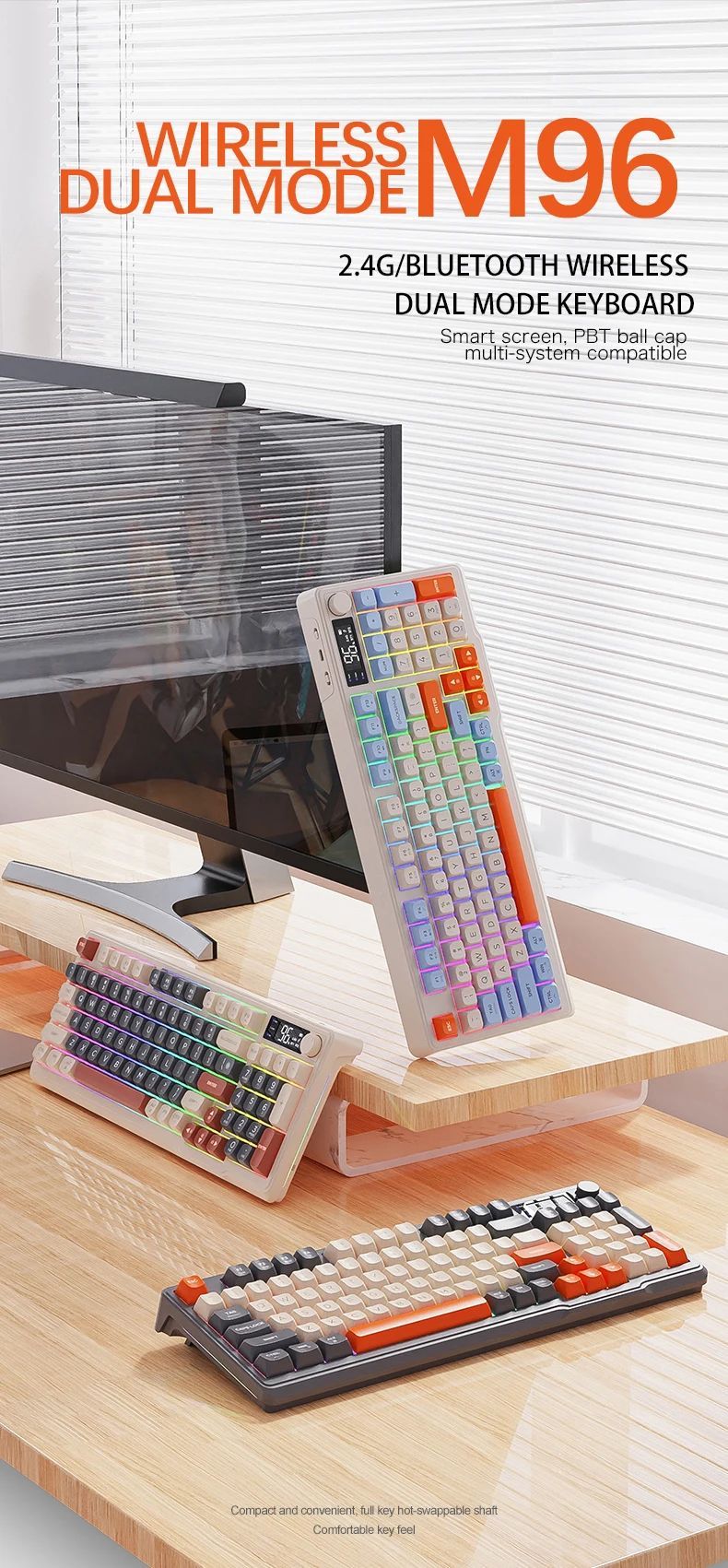 M96 Bluetooth Keyboard Wireless FREEWOLF Screen Gaming Keyboard,Electronic Screen, Multi-Device Connection,Ergonomics Gaming