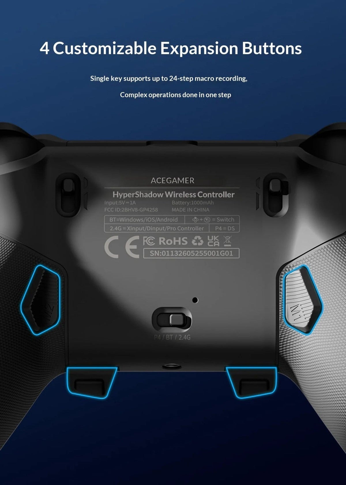 AceGamer Hyper Shadow D4 Gaming Controller Wireless Bluetooth TMR Joystick Customizable Buttons for PS4/Pc/Steam/Switch2 Game