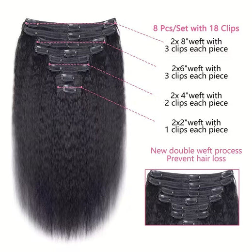 Kinky Straight Clips In Human Hair Extensions Natural Color In Brazilian 100% Remy Human Hair 120G 8Pcs/Set Full Head For Women