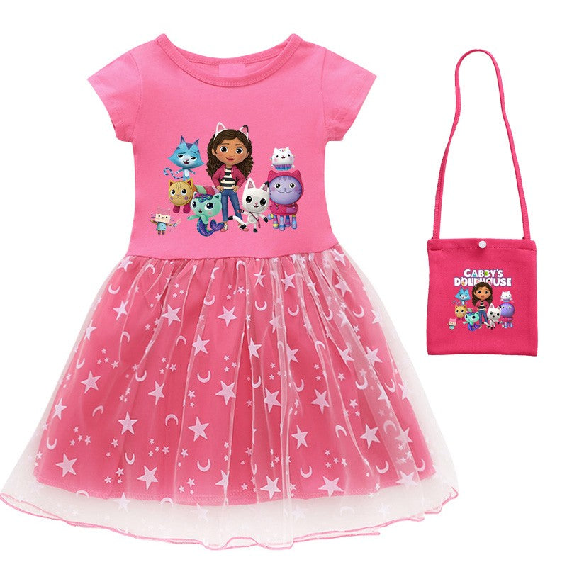 2024 New Summer Cartoon Gabby Cats Dresses Baby Girls Princess Dress Bag Headband Kids Gabby's Dollhouse Cosplay Costume