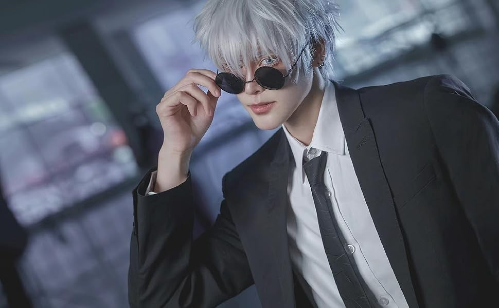 Gojo Cosplay Wig Mens Short Silver Violet synthetic Wig Fluffy Spiky Hair Wigs for Anime Cosplay Halloween Costume
