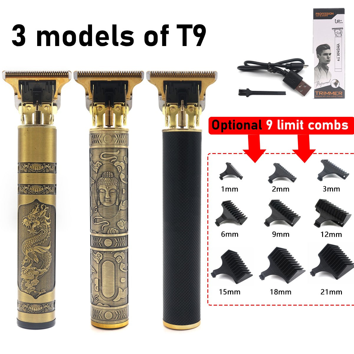 T9 Professional Hair Trimmer Machine Metal Body Stainless Steel Blade Hair Clipper Beard Trimmer for Men Finishing Machine