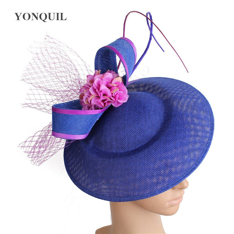 New Design Yellow With Purple Hair Fascinator Hat Headband Bridal Wedding Party Headpiece Mesh Ladies Occasion Hair Accessories