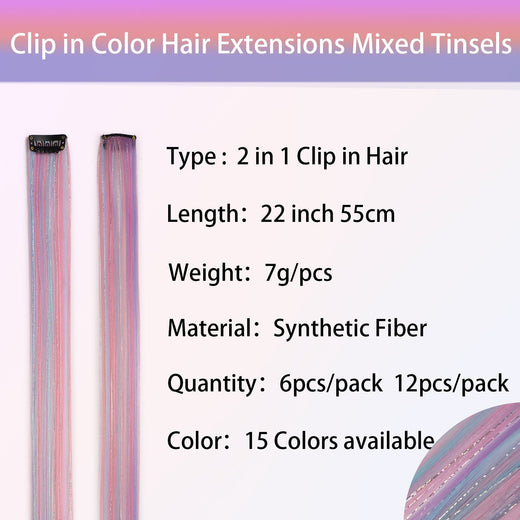 Unicorn Clip in Colored Hair Extensions Mixed Silver Tinsels Synthetic Rainbow Hair Holiday Party Highlights Women Girls 2026