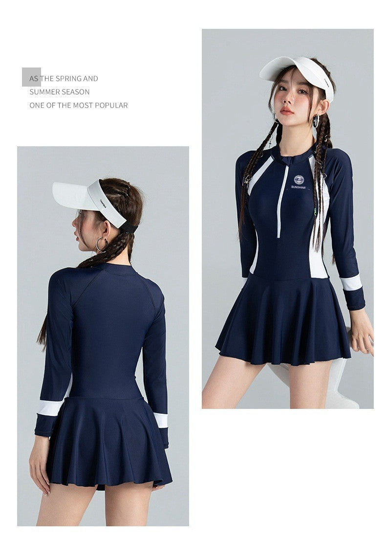 Black and White Color Matching One-piece Sports Small Chest Gathered To Cover The Belly Weight Swimming Sun Protection Swimsuit