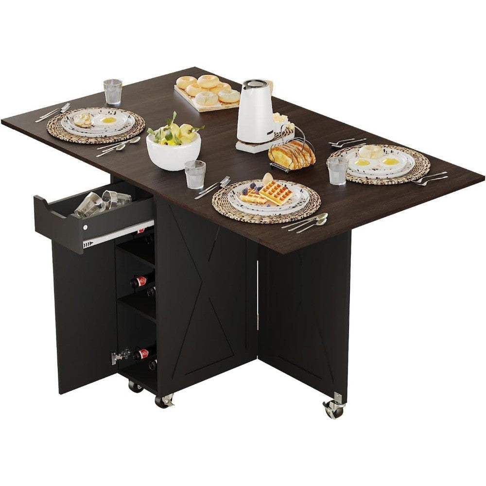 Folding Dining Table with 6 Wheels, Drop Leaf Tables for Small Spaces, Foldable Dining Table with 2-Layer Storage Rack, Kitchen