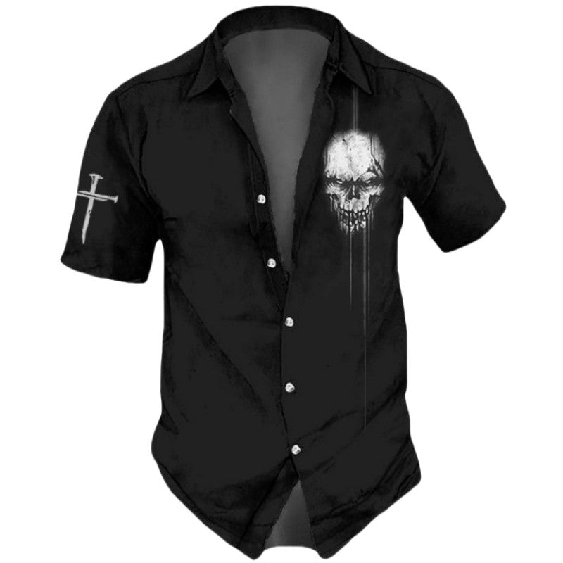 3d Skull Icon Print Hawaiian Short Sleeve Shirt For Men Skull Shirts Retro Casual Black Man Shirts Loose Oversized T-Shirt 2024