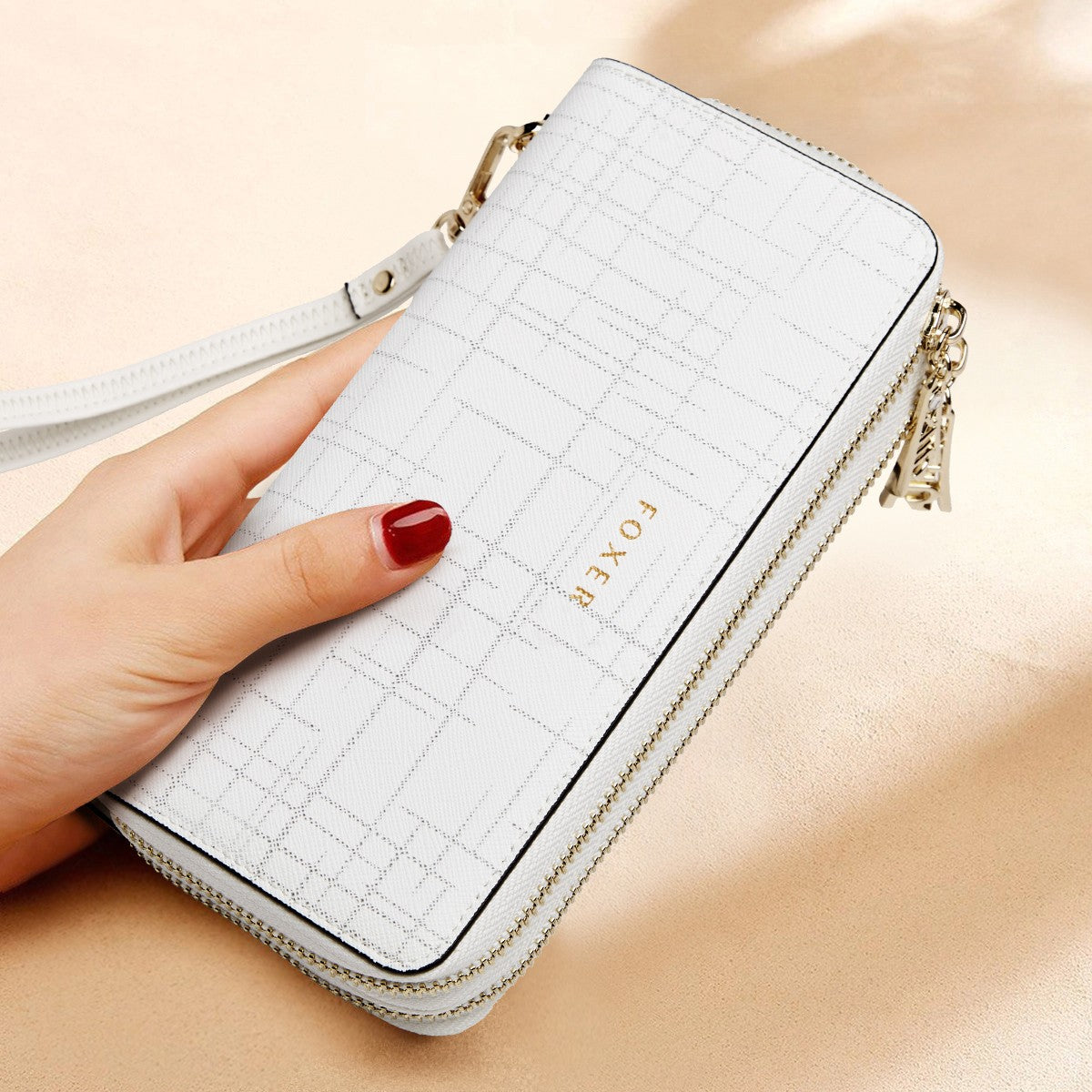 FOXER Split Leather Lady's Wallet Bifold Long Clutch Bag with Wristlet Fashion Card Holder Coin Purse Cellphone Money Bag