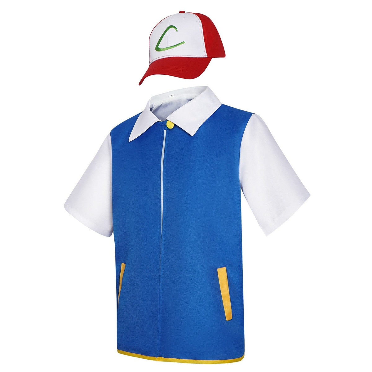 Men's Anime Trainer Cosplay Costume, Adult Ash Ketchum Outfit with Blue Jacket, Cap and Gloves, Unisex Halloween Party Disfraz