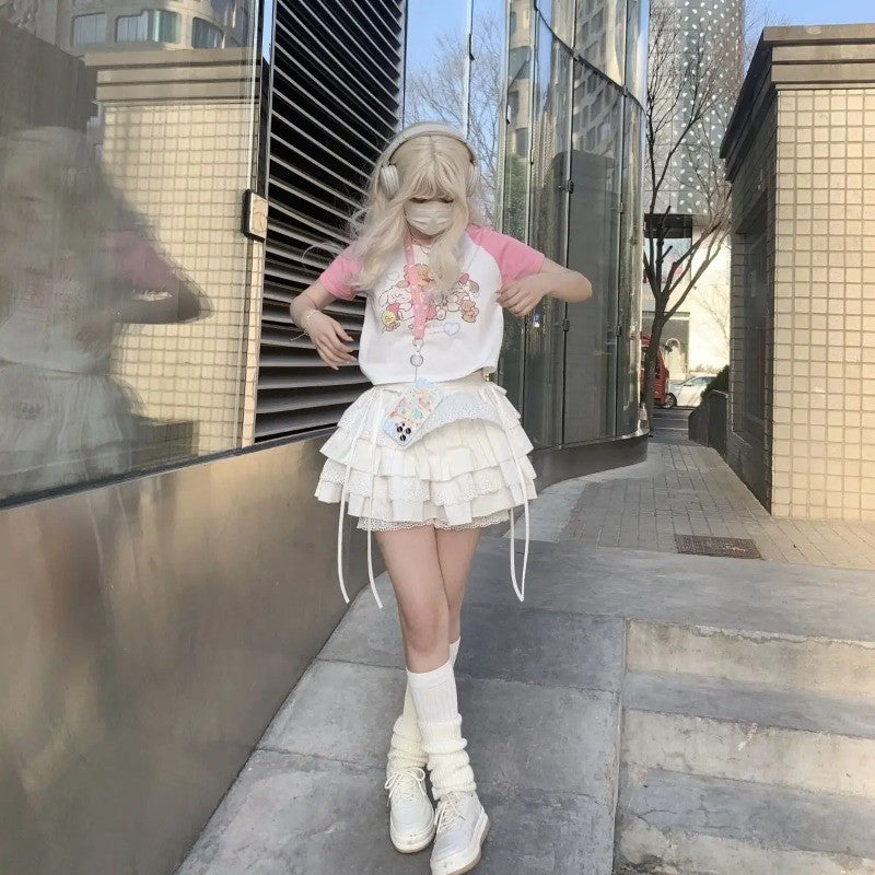 Summer White Mini Skirts Women Lace Patchwork Sweet A-line Slim High Street Bow Korean Fashion Y2k Skirt Harajuku Streetwear Ins