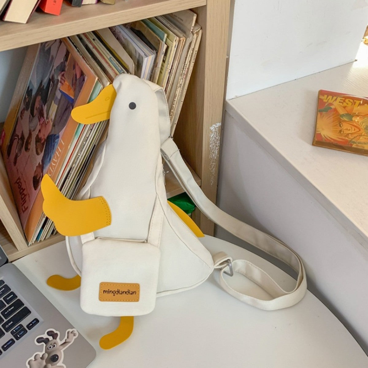 Beige and white new cute duck shape canvas bag student chest bag shoulder bag trend funny cartoon crossbody bag 1 outfit