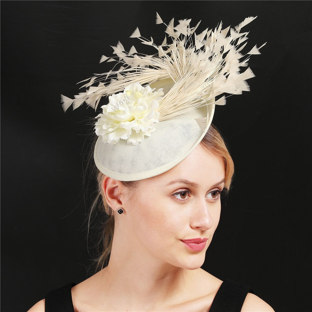 Double hemp yarn pattern design feather accessories big brim sun hat elegant banquet hat wedding beach vacation equestrian hat