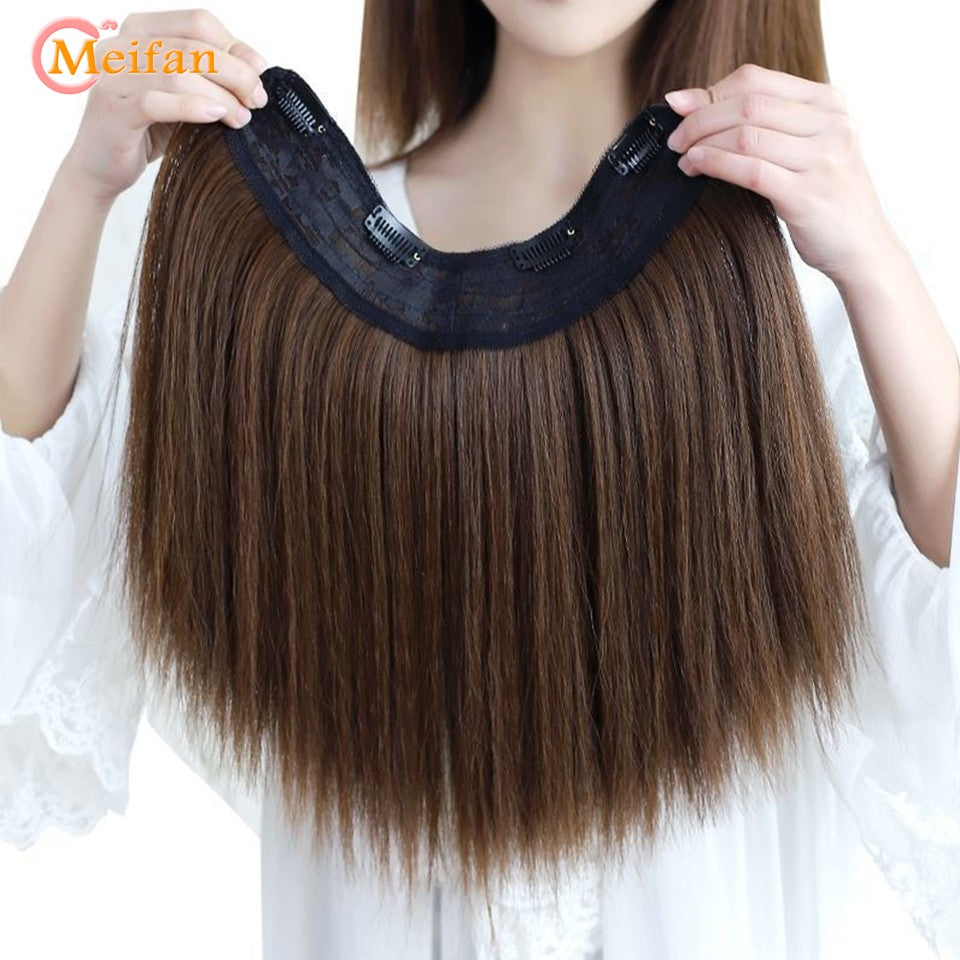 MEIFAN Synthetic Long Straight U-Shaped Half Head Wig for Women Black Brown Clips in Hair Extension Natural Fake Hairpieces