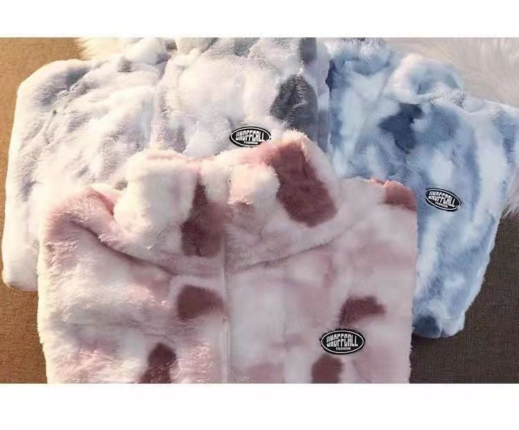 New Women's Tie Dye Lamb Fleece Jacket Autumn Winter Zipper Outerwear Warm Plush Jackets Harajuku Casual Loose Female Thick Coat