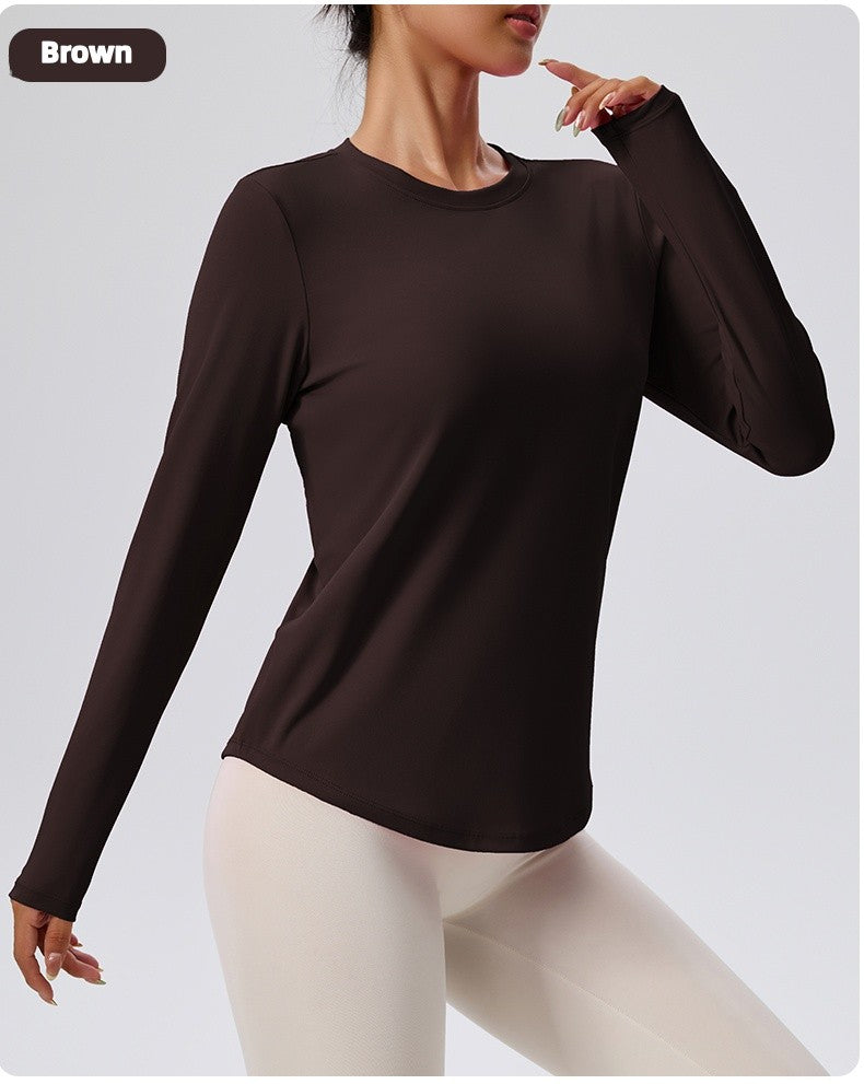Naked Spring and Autumn Round Neck Fitness Yoga Clothing, Slimming and Slimming Base, Sports Top, Pilates Long Sleeve, Female