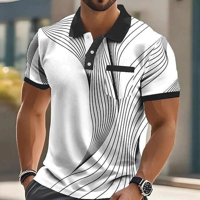 Summer Fashion Short Sleeve Men's Polo Shirts Stripe 3d Print Lapel Man Top High Quality Oversized Male Shirt Casual Clothing
