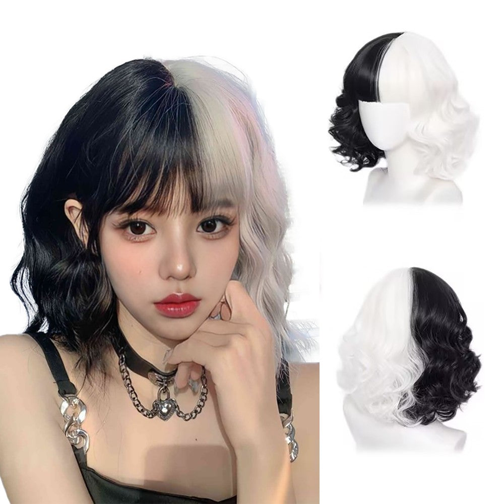 Half-Black And Half-White Cruella Cosplay Synthetic Hair 12-Inch Short Curly Hair Halloween Daily Party With Bangs Wig