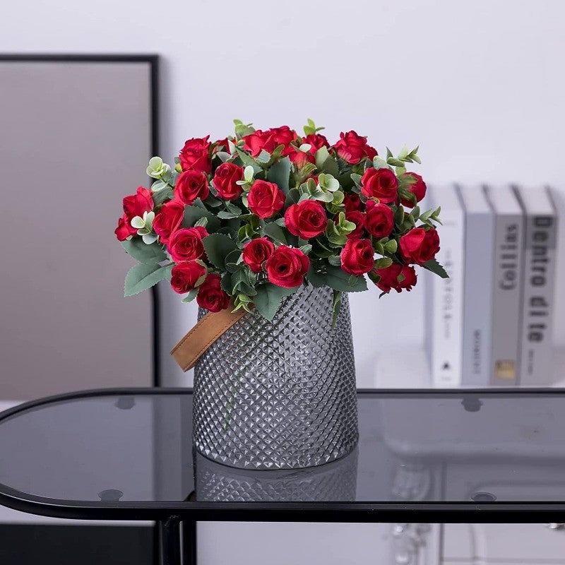 10 Heads pink Artificial Silk Rose Flowers Fake White Eucalyptus Peony Flower Bouquet, for Home Wedding Party Garden Decoration
