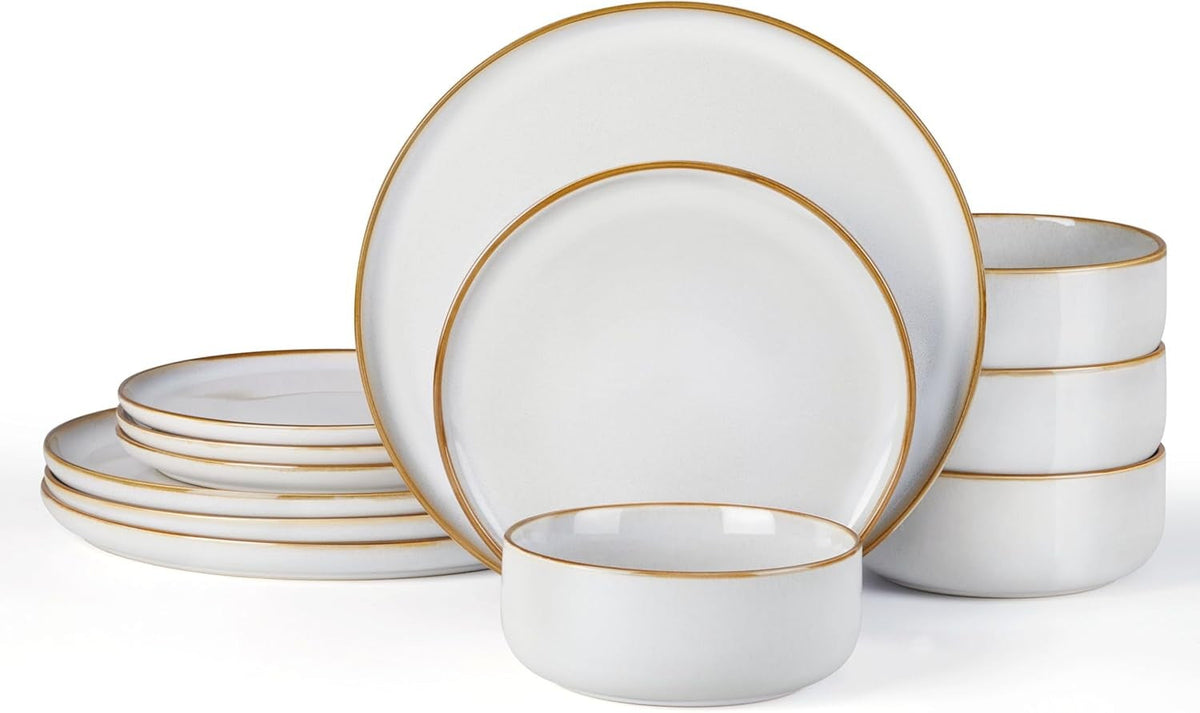 Plates and Bowls Set for 4, 12-Piece Stoneware Dinnerware Sets, Ceramic Dinning Ware Reactive Glaze Dishes Set, Microwave & Dish