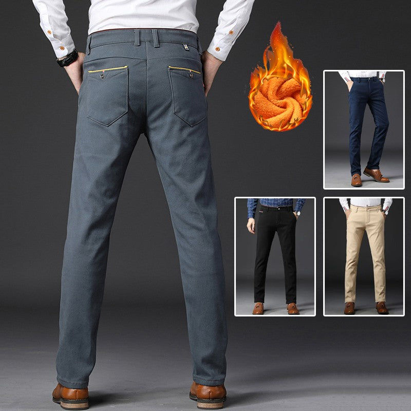 Winter Men Korean Fashion Straight Leg Pants Winter Snow Warm Thermal Thicken Casual Pants New Fleece Slim Fit Business Trousers