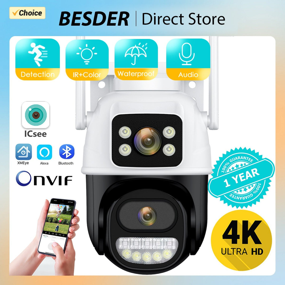 4K 8MP Wifi PTZ Camera Dual Lens Dual Screen Wireless Outdoor IP Camera Auto Tracking Security CCTV P2P Video Surveillance iCSee
