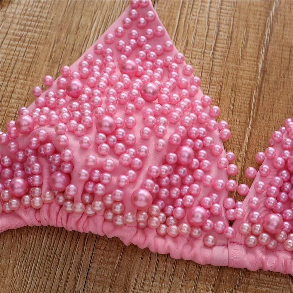 Pink Bikini Set Pearl Sexy Thong Swimsuit Women Backless Micro String pearls Bikinis Beach Outfit Vacation Swimwear Bathing Suit