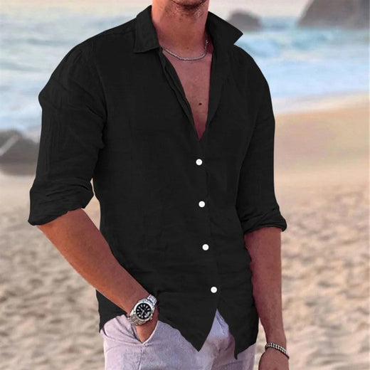New Men's Cotton and Linen Long Sleeve Shirt Fashion Casual Lapel Beach Shirt Solid Color Hawaiian Vacation Shirt