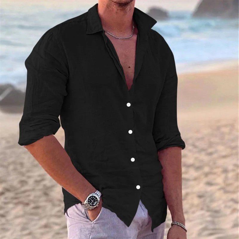 New Men's Cotton and Linen Long Sleeve Shirt Fashion Casual Lapel Beach Shirt Solid Color Hawaiian Vacation Shirt