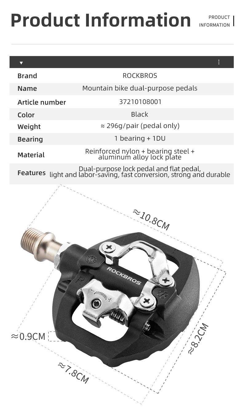 ROCKBROS Bicycle Lock Pedal 2 In 1 Anti-slip Lock Nylon Pedal MTB Bike Pedals Flat Cleat Platform Shimano SPD Bike Accessories