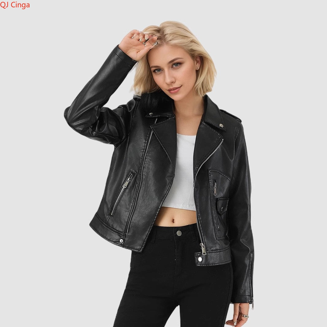 Women's Short-Length Black Leather Jacket for Fall, Fashionable Casual PU Jackets, Sizes: S M L XL.