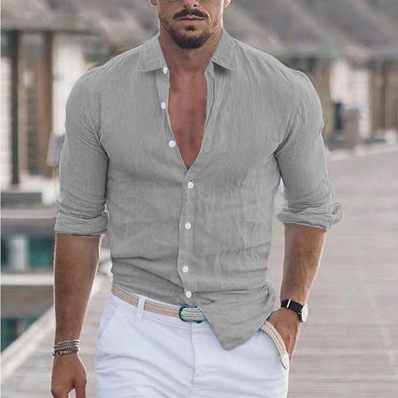 Summer Men's Cotton Linen Long Sleeve Casual Shirt Hawaii Fashion Lapel Loose soft comfortable Breathable Solid color Cardigan