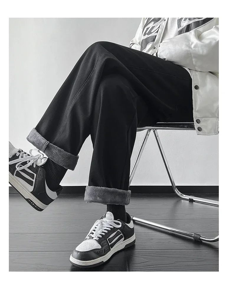 4 Colors Winter Fleece Men's Jeans Baggy Straight Elastic Waist Denim Pants Fashion Korean Thickened Warm Male Thermal Trousers
