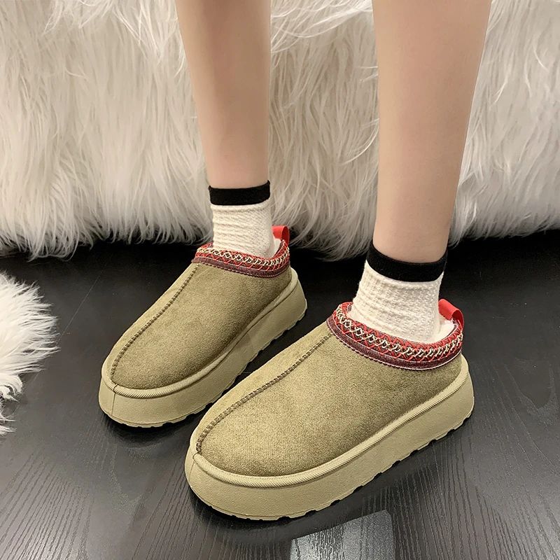 Snow Boots For Women 2024 Winter New Cashmere Warm Thick Soles Without Heel-covered Hair Half Slipper Cotton Shoes for Women