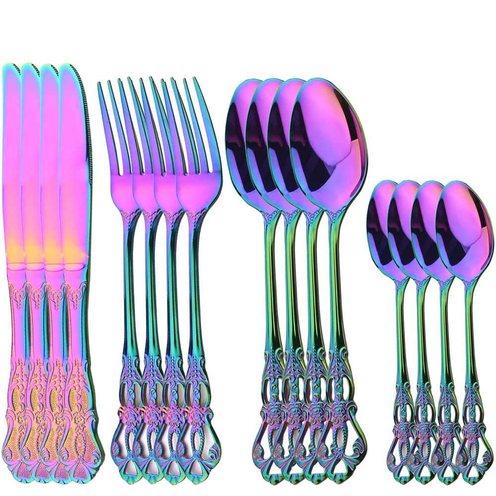 16Pcs Cutlery Sets Vintage Stainless Steel Tableware Dinner Knife Fork Dessert Spoon Dinnerware Set Kitchen Flatware