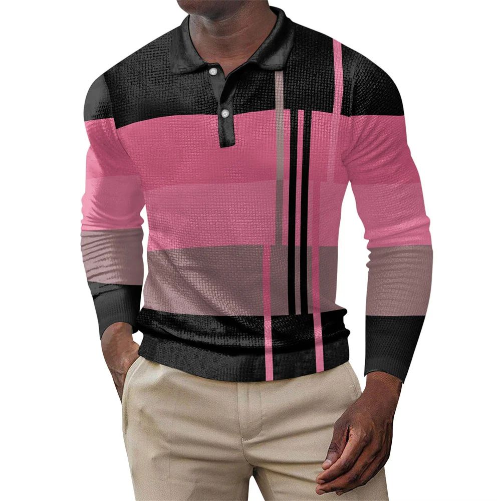 2025 autumn men's polo shirt long sleeved stand up collar patchwork printed top fashionable street casual T-shirt men's shirt
