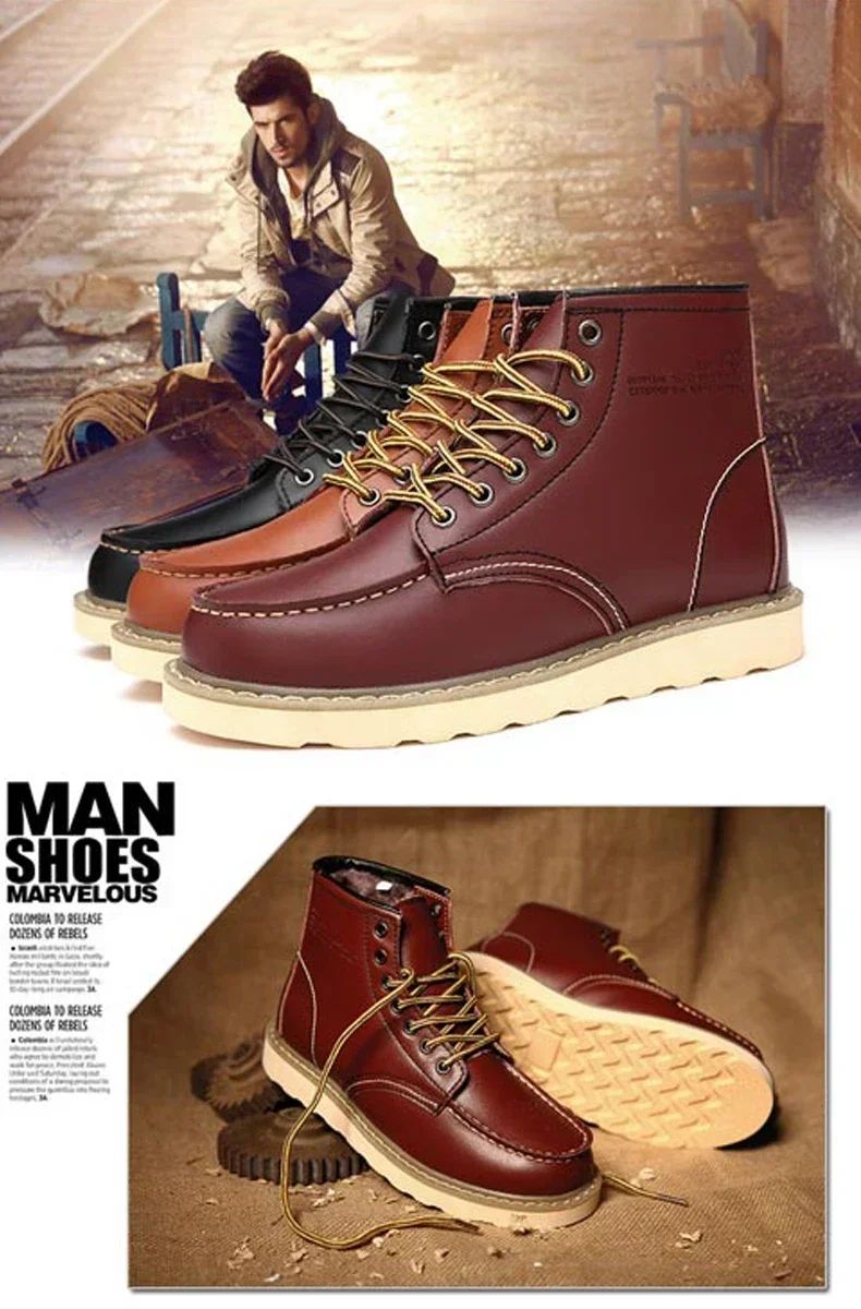 Winter Leather Men Boots Warm Mens Snow Boots with Fur Waterproof Handmade Male Ankle Boots No-slip High Top Male Work Shoes