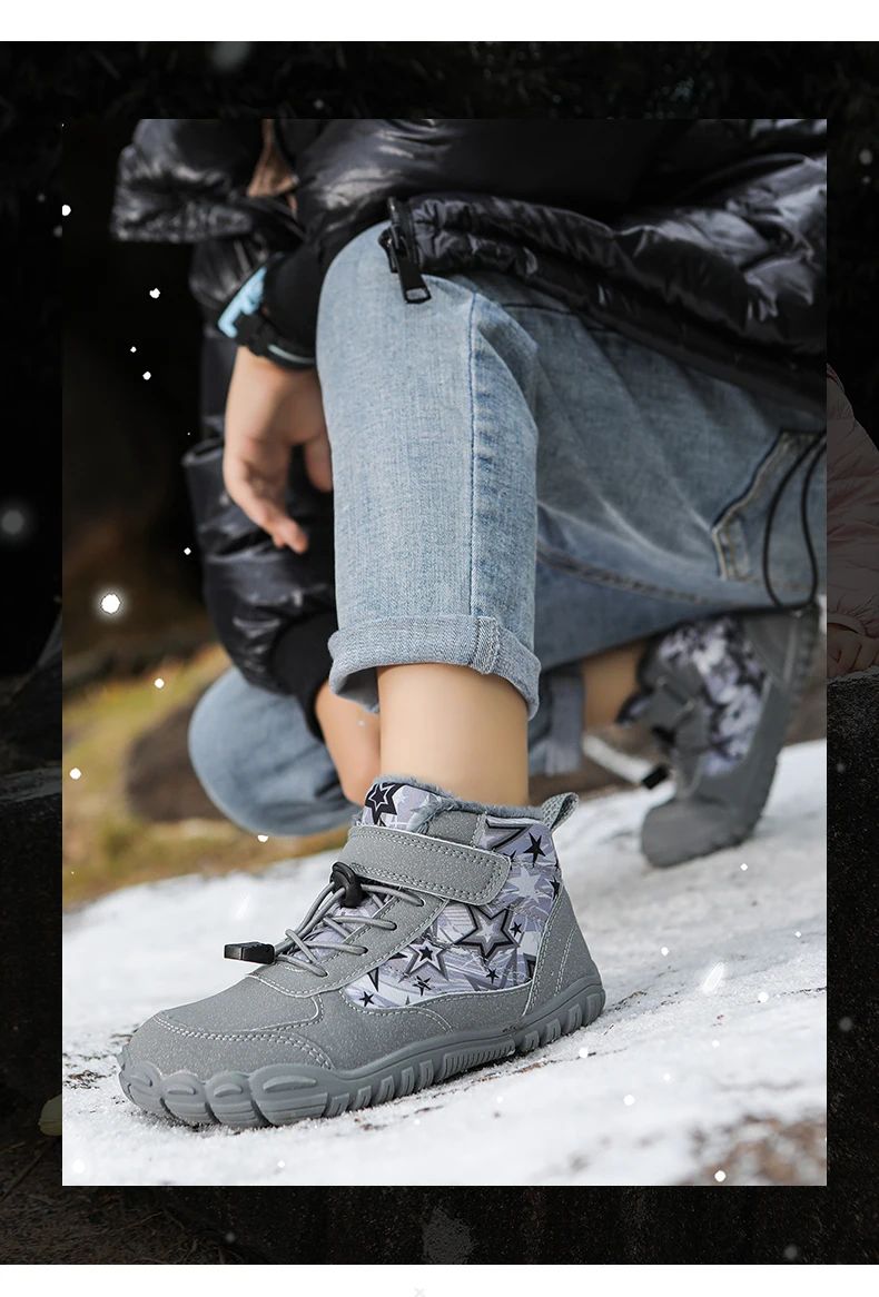 2025 Kids Barefoot Snow Boots Wide Toe Winter Insulated Waterproof Fur Lined Shoes for Boys Girls Cold Weather Outdoor Sneakers