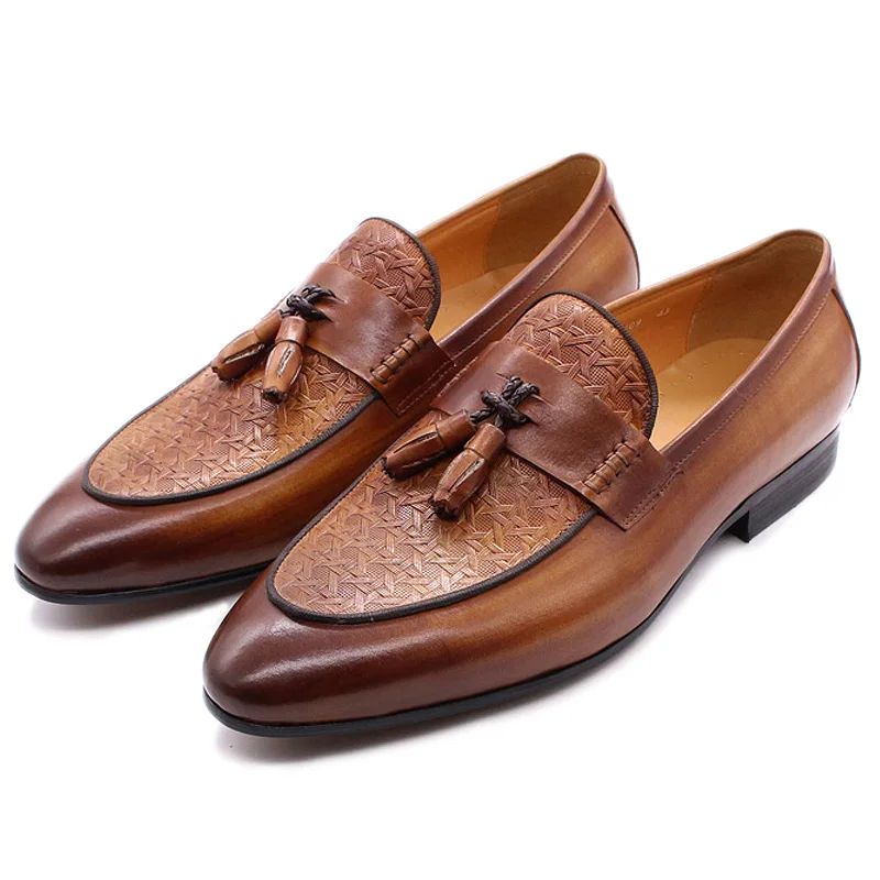 FELIX CHU Men's Genuine Leather Tassel Loafers Italian Luxury Fashion Slip-On Dress Shoes for Parties Weddings Casual Wear