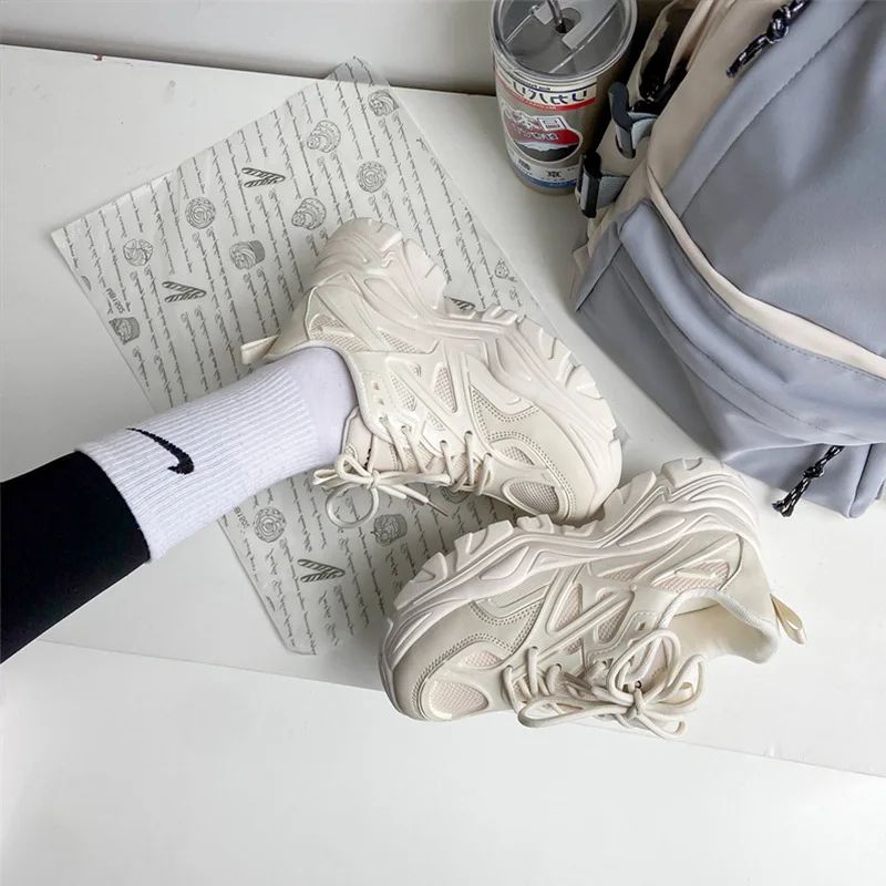 2024 New Women Fashion Platform Sport Shoes Women spring autumn Black Casual Chunky Sneakers Women Mesh Leather Platform Shoes
