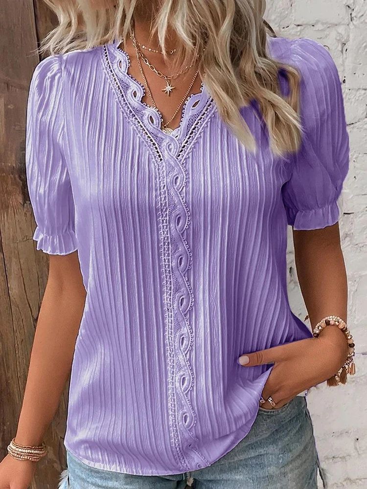 2025 Summer New Women's Blouse Top Solid Sexy V-Neck Hollow Short Sleeve Fashion Splice Plus Size Loose Street Apparel Shirt