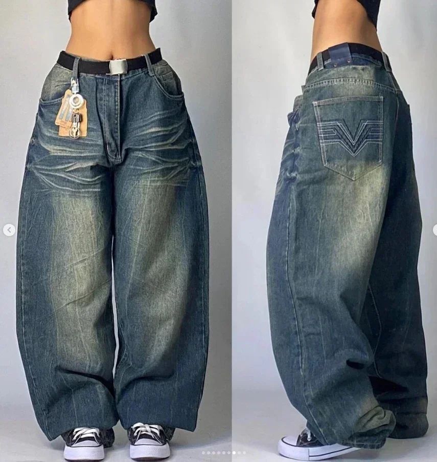 Y2K American New Trend Hip-hop Gothic Embroidered Jeans Men's Street Harajuku Leisure Loose Straight Wide-leg Pants Unisex Jeans