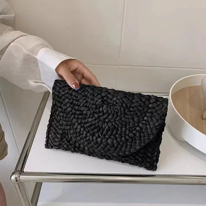 Fashionable Corn Husk Straw Bags Hand-woven Women Clutch Envelope Handbag Long Purse for Female Summer Beach Bag Bolsa 2024