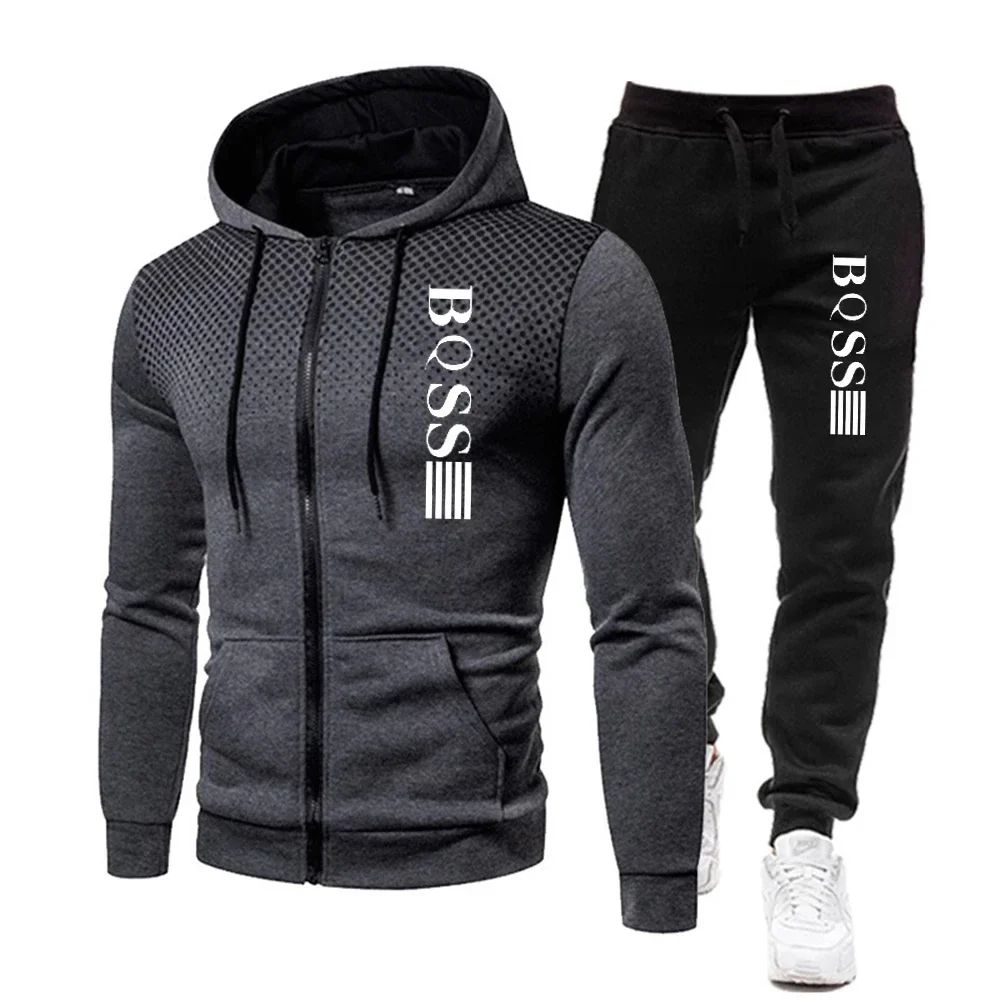 Fashionable Zippered Hooded Sweatshirts and Fitness Pants for Men in Autumn, and Casual Jogging Sportswear Sets for New Men