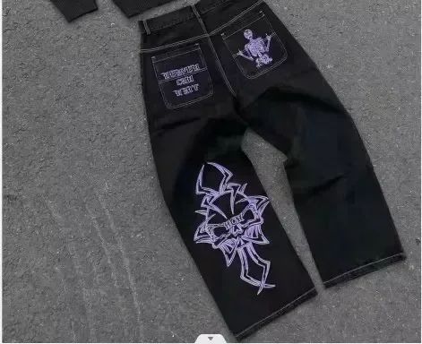 NEWVintage Retro Gothic Grim Reaper Cartoon Printed Graphic Jeans Man and Woman Hip Hop Low Waist Wide Leg Trousers Clothing