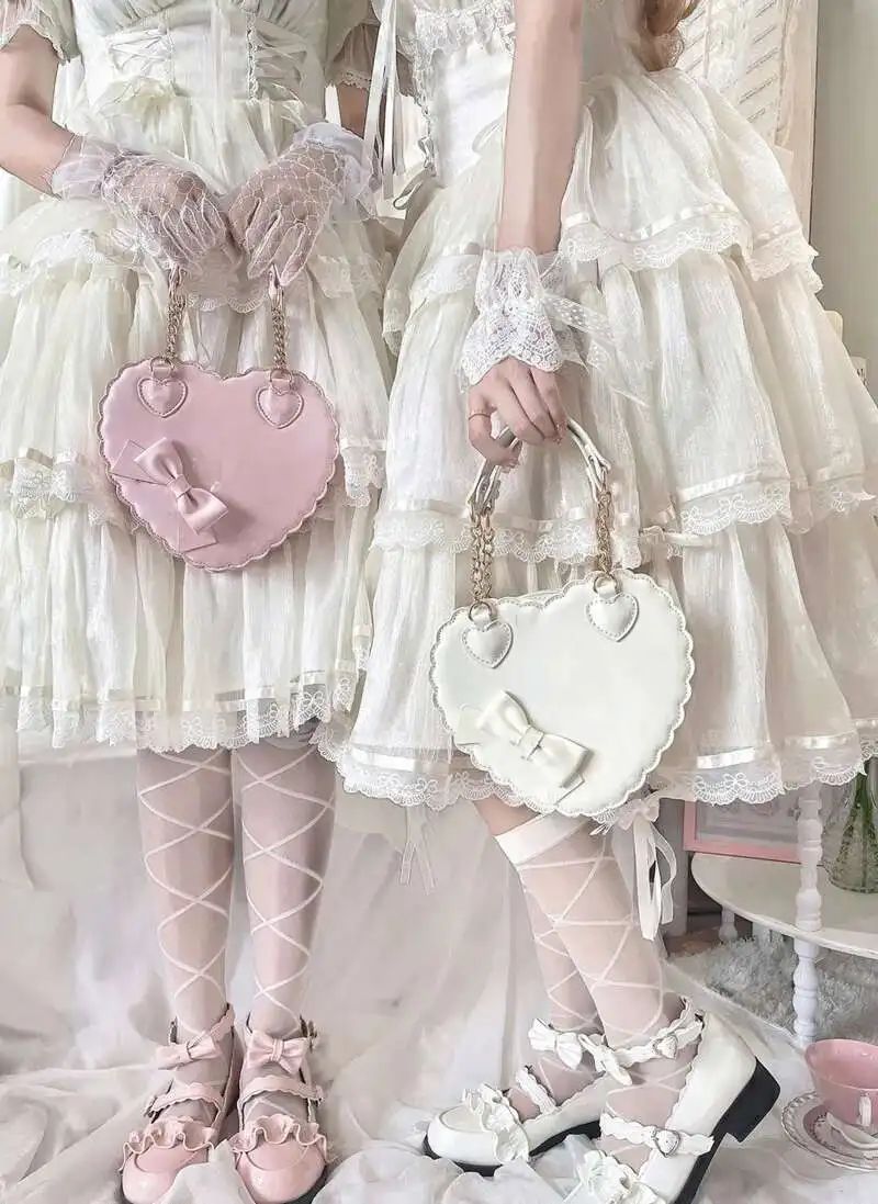 PU Heart Lolita Handbags Girls Bowknots Decor Japanese Shoulder Bags Two Sized Kawaii Shell Purses Cute Pink Messenger Bag Gifts
